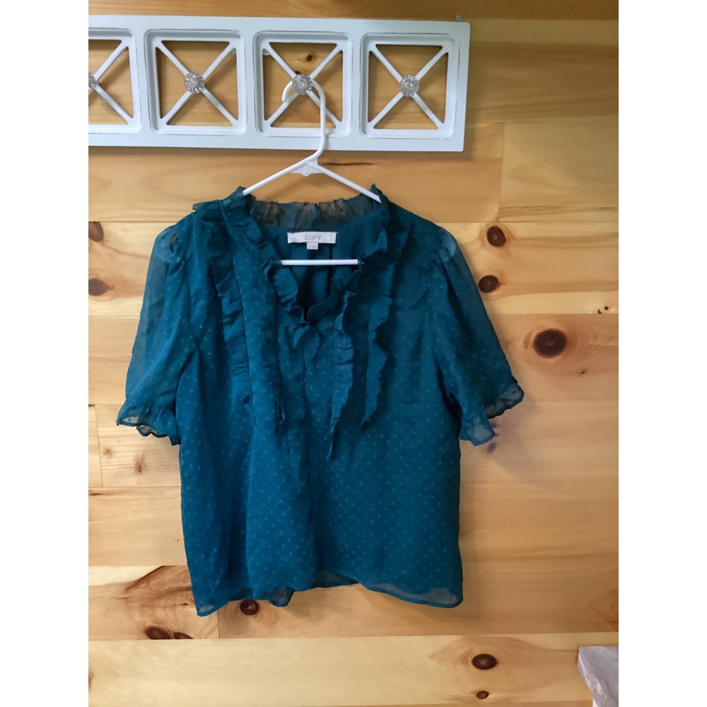 LOFT Womens Teal Green Clip Dot Ruffle V-Neck Short Sleeve Lined Blouse Medium